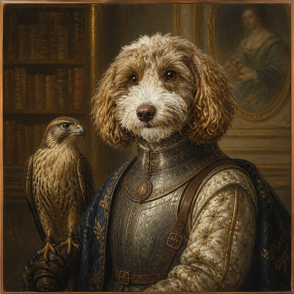 A curly-haired pup sits proudly on the patterned rug, gazing into the camera like a tiny, fluffy professor who has just discovered that the slippers and backpacks are evidence in a very serious household investigation.