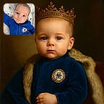 A wide-eyed baby in a bright blue Chelsea football club onesie gazes curiously at the camera, lying on a playful animal-printed blanket featuring cats, cows, and birds.