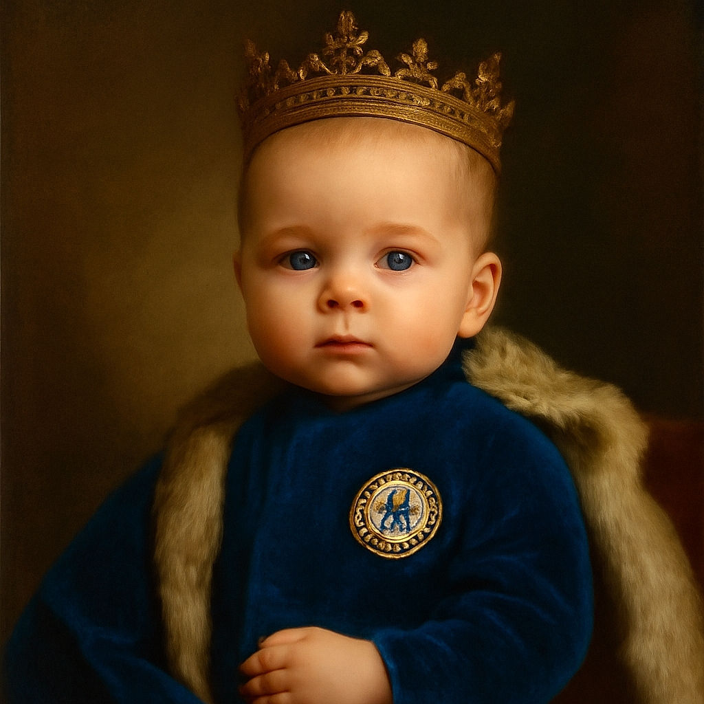 A wide-eyed baby in a bright blue Chelsea football club onesie gazes curiously at the camera, lying on a playful animal-printed blanket featuring cats, cows, and birds.