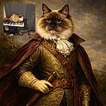 A fluffy, blue‑eyed cat has claimed the keyboard as its stage — loafed perfectly across the keys like a purring concert pianist, staring at the camera with regal disinterest while a curtain backdrop and carpeted floor complete the living‑room studio vibe.