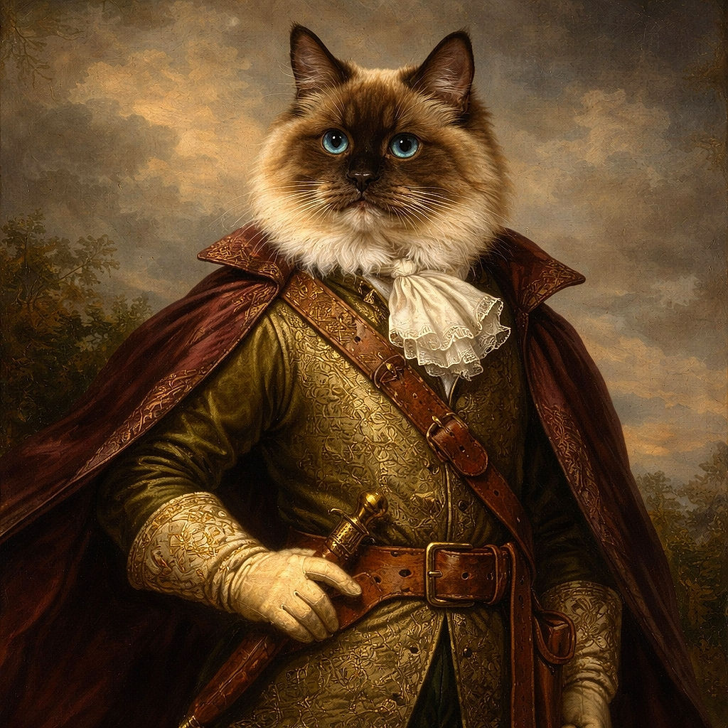 A fluffy, blue‑eyed cat has claimed the keyboard as its stage — loafed perfectly across the keys like a purring concert pianist, staring at the camera with regal disinterest while a curtain backdrop and carpeted floor complete the living‑room studio vibe.