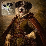 A playful dog with a scruffy black and white coat lounges on a patterned couch, proudly holding a bright yellow tennis ball in its mouth, eyes wide and full of mischief.