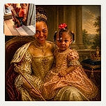 A tiny fashion critic in bright orange stands beside a smiling birthday queen, while the mirror photobombs them with an extra bit of family drama. The child’s serious expression says the party snacks better be worth it.
