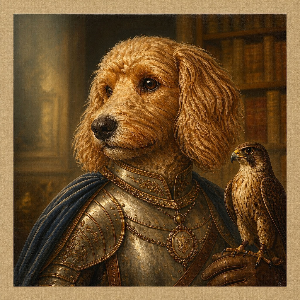 A fluffy caramel-colored dog gives the camera a soulful, slightly suspicious side-eye, as if it has just discovered the treat budget has been cut. Its curly ears, shiny nose, collar, and bright eyes fill the close-up, with a dim indoor background adding cozy candid-photo energy.