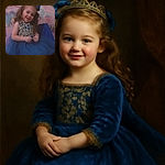 A charming little girl dressed like a princess in a royal blue dress with golden embroidery, flashing a sweet smile with twinkling freckles filter, sitting gracefully against a pastel balloon and castle-themed backdrop, ready to steal hearts at her magical party.