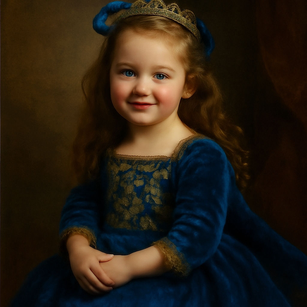 A charming little girl dressed like a princess in a royal blue dress with golden embroidery, flashing a sweet smile with twinkling freckles filter, sitting gracefully against a pastel balloon and castle-themed backdrop, ready to steal hearts at her magical party.