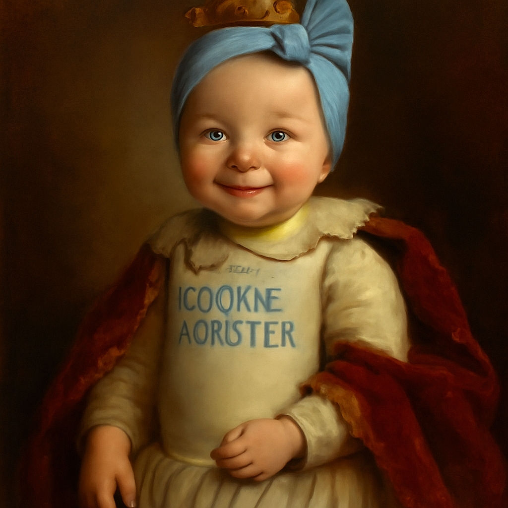 A smiling baby wearing a blue headband and a white onesie that says 'COOKIE MONSTER' is joyfully lying on a blanket covered in repeating 'i love you' text, arms spread wide as if ready to give the world a big hug.