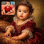 A chubby-cheeked baby wearing a bright red shirt and black shorts sits on a peach-colored quilted bedspread, looking curiously at the camera with a slightly open mouth and adorable expression, surrounded by cozy bedroom decor and soft natural light.