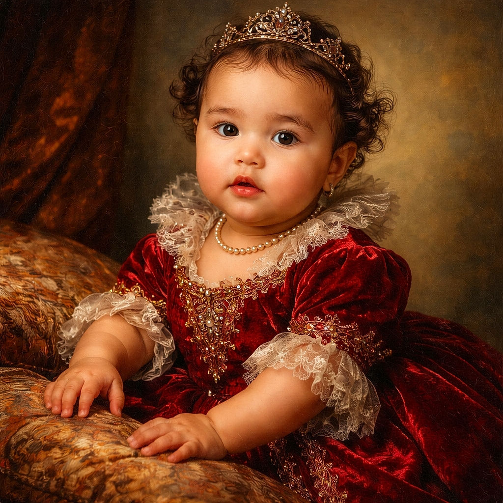 A chubby-cheeked baby wearing a bright red shirt and black shorts sits on a peach-colored quilted bedspread, looking curiously at the camera with a slightly open mouth and adorable expression, surrounded by cozy bedroom decor and soft natural light.