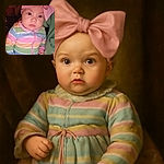 A serious-faced baby wearing a giant pink bow headband and a colorful striped onesie stares directly at the camera, held gently by someone in a green shirt, with a cozy indoor background dimly lit.
