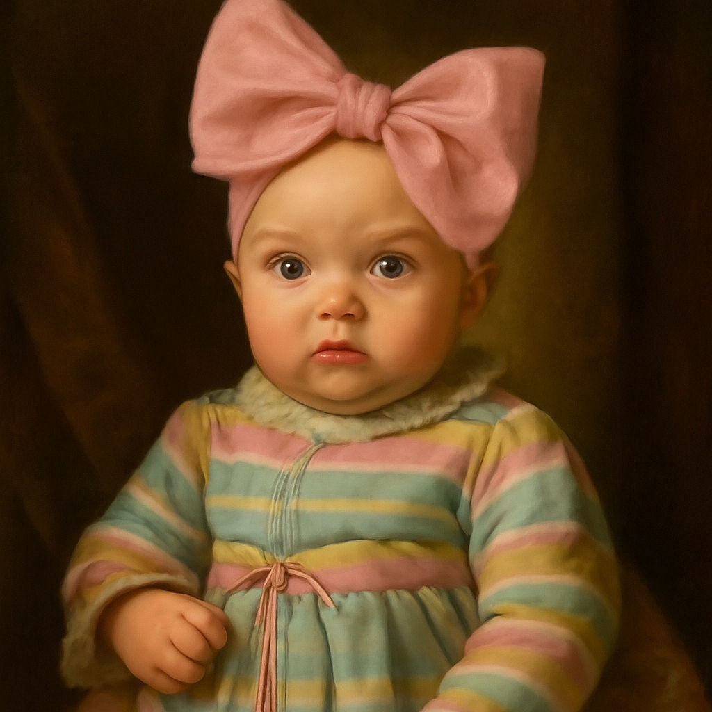 A serious-faced baby wearing a giant pink bow headband and a colorful striped onesie stares directly at the camera, held gently by someone in a green shirt, with a cozy indoor background dimly lit.