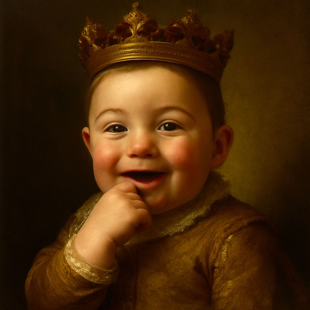 A joyful baby with sparkling eyes and a big smile sits in a high chair, fingers playfully in mouth, wearing a cozy brown bib and a patterned white onesie. The background is softly blurred, and a cute handwritten text overlay says 'Tuesday 5:25 PM' with a doodled heart, adding a sweet timestamp to this candid moment.