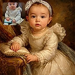 A wide-eyed baby dressed in a cozy cream knitted dress with ruffled shoulders and a blue floral headband sits on a brown couch, curiously pressing an orange button on a small toy device, looking like a tiny tech wizard in training.