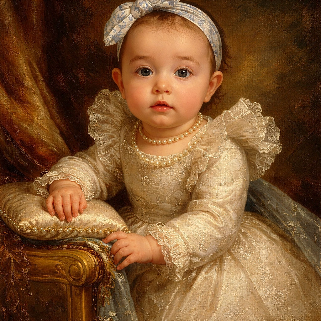 A wide-eyed baby dressed in a cozy cream knitted dress with ruffled shoulders and a blue floral headband sits on a brown couch, curiously pressing an orange button on a small toy device, looking like a tiny tech wizard in training.