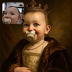 A close-up shot of a cheerful toddler with a pacifier, their face filling most of the frame, set against a cozy living room decorated with Christmas garlands and a TV playing a colorful cartoon.