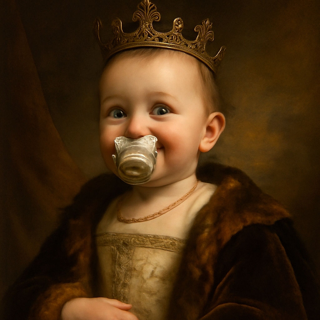 A close-up shot of a cheerful toddler with a pacifier, their face filling most of the frame, set against a cozy living room decorated with Christmas garlands and a TV playing a colorful cartoon.