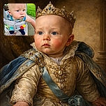 A chubby-cheeked baby with bright blue eyes is suspended in a colorful baby jumper, looking curiously to the side while outdoors on a sunny day. The background shows green grass and parked cars, adding a casual backyard vibe to this adorable close-up shot.