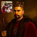 A cozy moment captured between a bearded man in a red hoodie and a chubby-cheeked baby wearing a striped shirt and bib, with the man gazing lovingly down at the baby while sitting indoors, surrounded by softly blurred background figures.