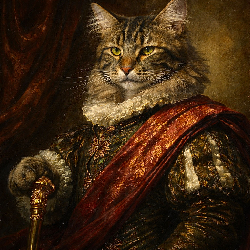 A fluffy tabby cat lounges elegantly on a colorful blanket, looking off to the side with a regal and slightly aloof expression, embodying the true spirit of feline sophistication.