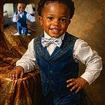 A joyful toddler dressed in a sharp blue vest and polka dot shirt with a matching bow tie is reaching out with a big smile, as if ready to give the camera a hug. The soft focus background highlights the child's happy expression and playful energy indoors on a wooden floor.