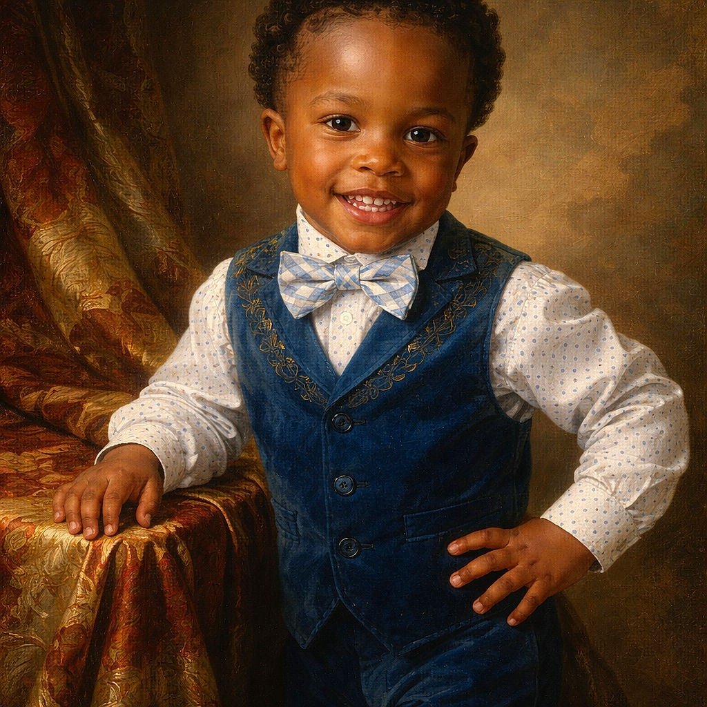 A joyful toddler dressed in a sharp blue vest and polka dot shirt with a matching bow tie is reaching out with a big smile, as if ready to give the camera a hug. The soft focus background highlights the child's happy expression and playful energy indoors on a wooden floor.