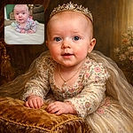 Wide-eyed baby doing peak curiosity during tummy time — floral onesie, chubby hands planted like little pillars, and a living-room throne of couches and framed photos in the background. Looks like someone just discovered the camera and is negotiating snack terms with their eyes.