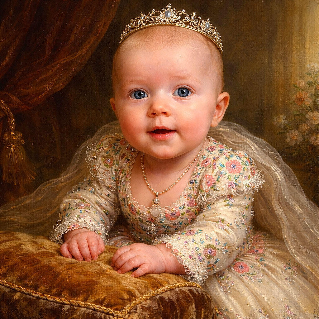 Wide-eyed baby doing peak curiosity during tummy time — floral onesie, chubby hands planted like little pillars, and a living-room throne of couches and framed photos in the background. Looks like someone just discovered the camera and is negotiating snack terms with their eyes.