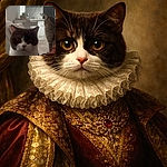 Two cats chill in a cozy living room; one stares curiously at the camera while the other looks away, with a softly blurred kitchen in the background adding a homey vibe.