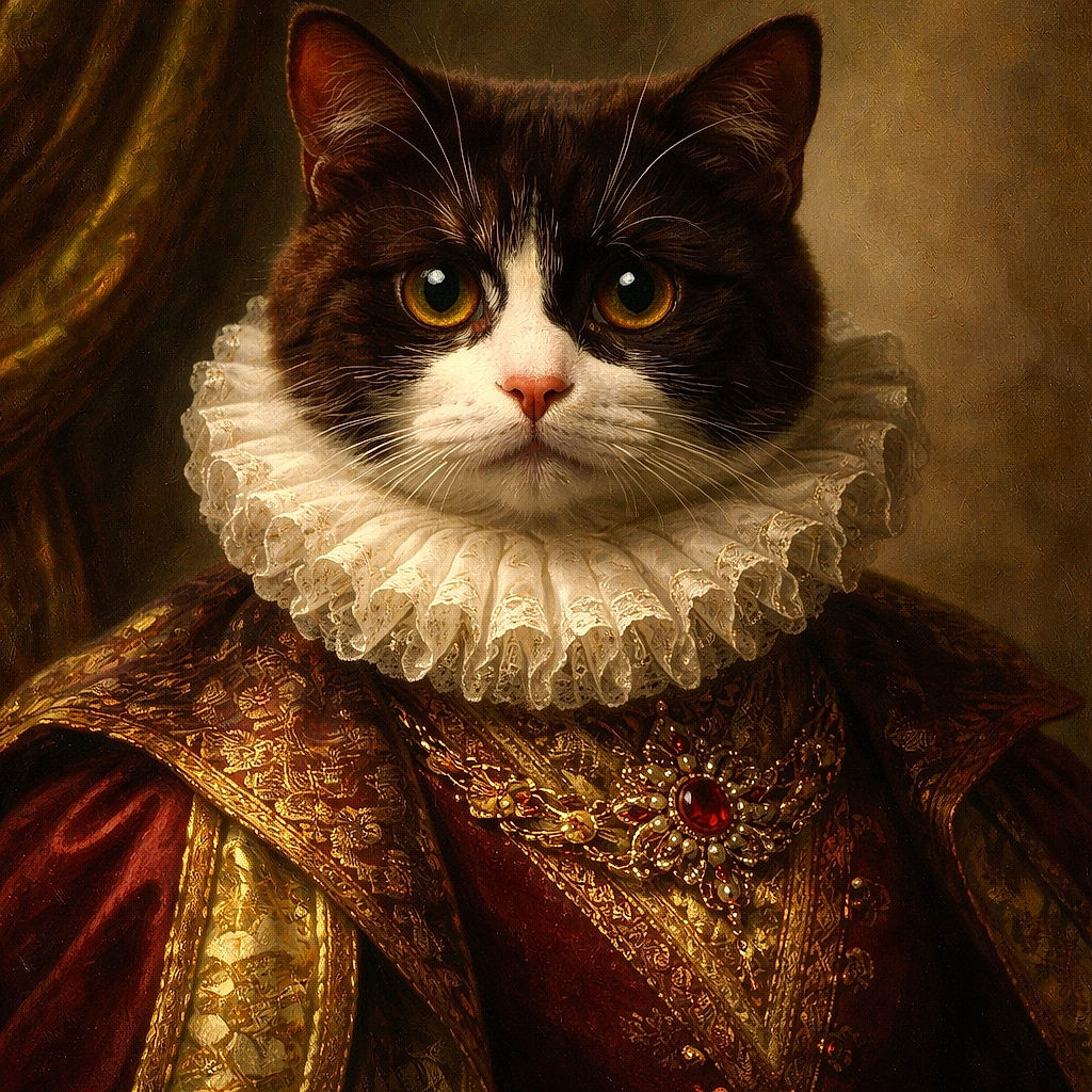 Two cats chill in a cozy living room; one stares curiously at the camera while the other looks away, with a softly blurred kitchen in the background adding a homey vibe.