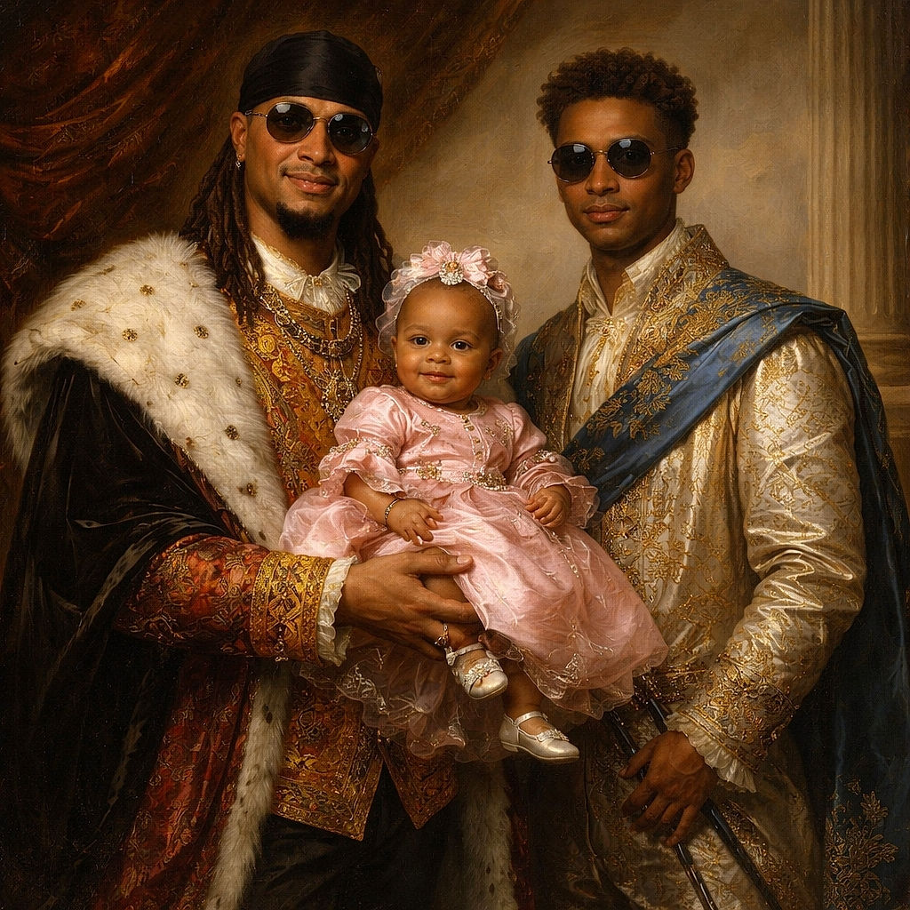 A studio portrait of two grown men proudly holding a smiling baby — all three rocking matching pink Tom & Jerry shirts. The trio stands against a navy paneled backdrop on a wood floor; the baby wears a tiny bow and sandals while both adults sport sunglasses and white socks. Warm, posed and slightly playful (dad showing a gold grill), it reads like a family photoshoot with cartoon-themed coordination.