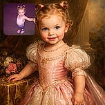 A cute toddler with curly hair tied in pink clips, wearing a polka dot tank top and purple shorts, is holding an adult's hand while standing on a pavement at night. The photo has a pinkish tint and the child is looking up with a curious expression.