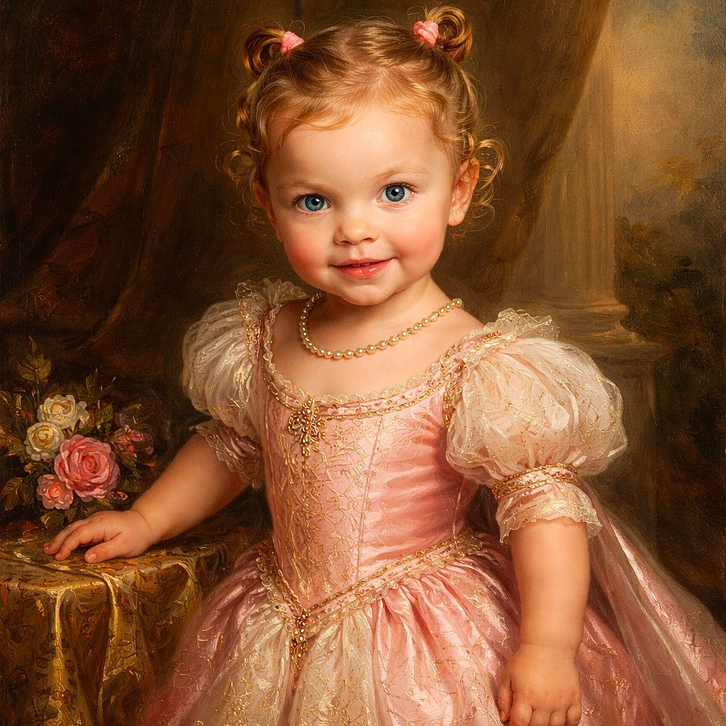A cute toddler with curly hair tied in pink clips, wearing a polka dot tank top and purple shorts, is holding an adult's hand while standing on a pavement at night. The photo has a pinkish tint and the child is looking up with a curious expression.
