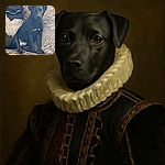 A sleek black dog sits attentively on a patterned couch, nestled between two fluffy cushions with a cozy jacket draped nearby. The dog’s wide eyes and upright ears give it a curious and alert expression, making it look like it’s ready for some fun or a cuddle session.