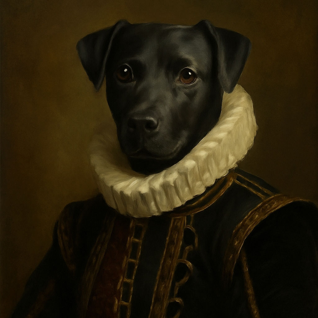 A sleek black dog sits attentively on a patterned couch, nestled between two fluffy cushions with a cozy jacket draped nearby. The dog’s wide eyes and upright ears give it a curious and alert expression, making it look like it’s ready for some fun or a cuddle session.