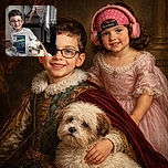 Two cheerful kids are caught in a candid moment; one sitting on the floor with a fluffy white dog, smiling wide with glasses, while the other playfully peeks from behind a chair wearing bright pink headphones and a polka dot cap, all set in a cozy home environment.