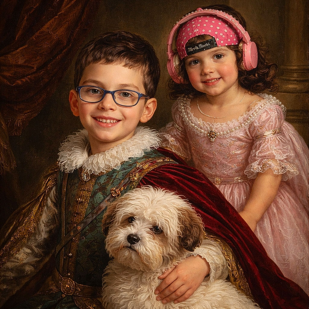 Two cheerful kids are caught in a candid moment; one sitting on the floor with a fluffy white dog, smiling wide with glasses, while the other playfully peeks from behind a chair wearing bright pink headphones and a polka dot cap, all set in a cozy home environment.