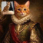 An alert ginger tabby cat perches elegantly on a beige blanket draped over a piece of furniture, with a cozy indoor background featuring a hanging black jacket and patterned curtains.