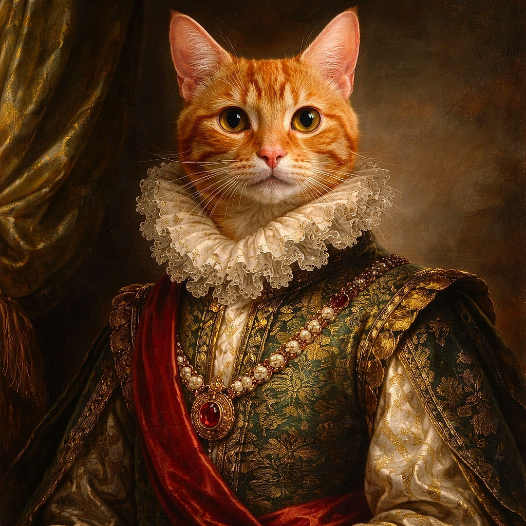 An alert ginger tabby cat perches elegantly on a beige blanket draped over a piece of furniture, with a cozy indoor background featuring a hanging black jacket and patterned curtains.