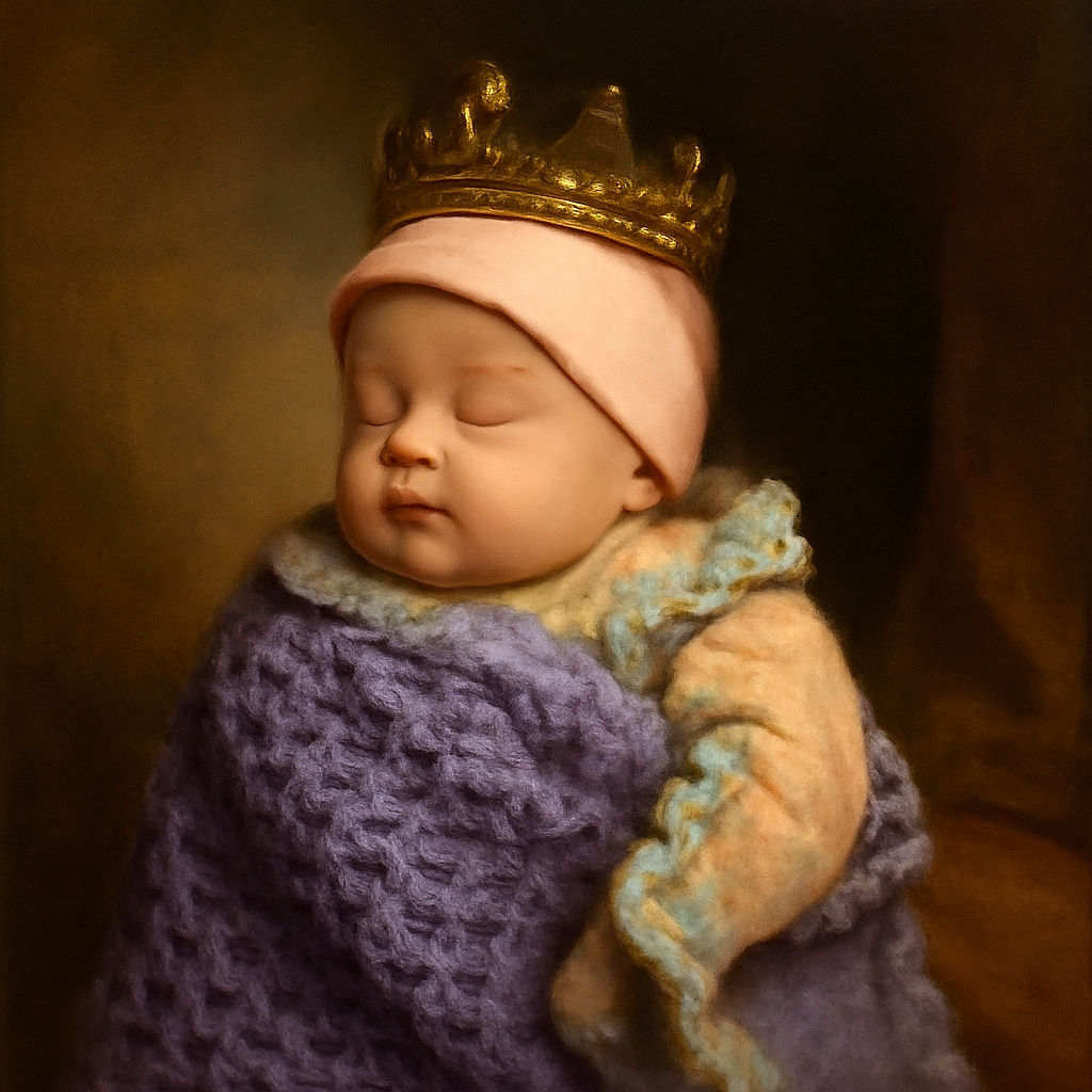 A peaceful sleeping baby bundled up in a cozy pink hat and wrapped snugly in a handmade purple crocheted blanket, lying on a soft peachy textured surface.