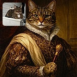 A regal tabby cat with striking green eyes lounges comfortably on a white wooden cabinet, looking directly at the camera with an expression of calm confidence. The background features white paneled walls and a slightly ajar door, giving a cozy indoor vibe.
