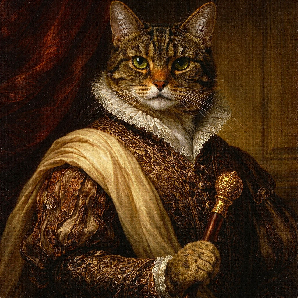 A regal tabby cat with striking green eyes lounges comfortably on a white wooden cabinet, looking directly at the camera with an expression of calm confidence. The background features white paneled walls and a slightly ajar door, giving a cozy indoor vibe.