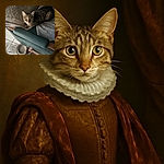 A curious tabby cat with wide eyes is perched on a well-used armchair covered with a towel, surrounded by pet bowls and a large water jug on tiled floor, looking like it just caught you sneaking a snack.