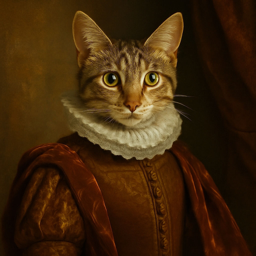 A curious tabby cat with wide eyes is perched on a well-used armchair covered with a towel, surrounded by pet bowls and a large water jug on tiled floor, looking like it just caught you sneaking a snack.