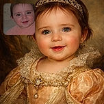 A close-up portrait of an adorable baby with sparkling eyes and a gentle smile, wearing a peach-colored outfit, looking directly at the camera with a soft background.