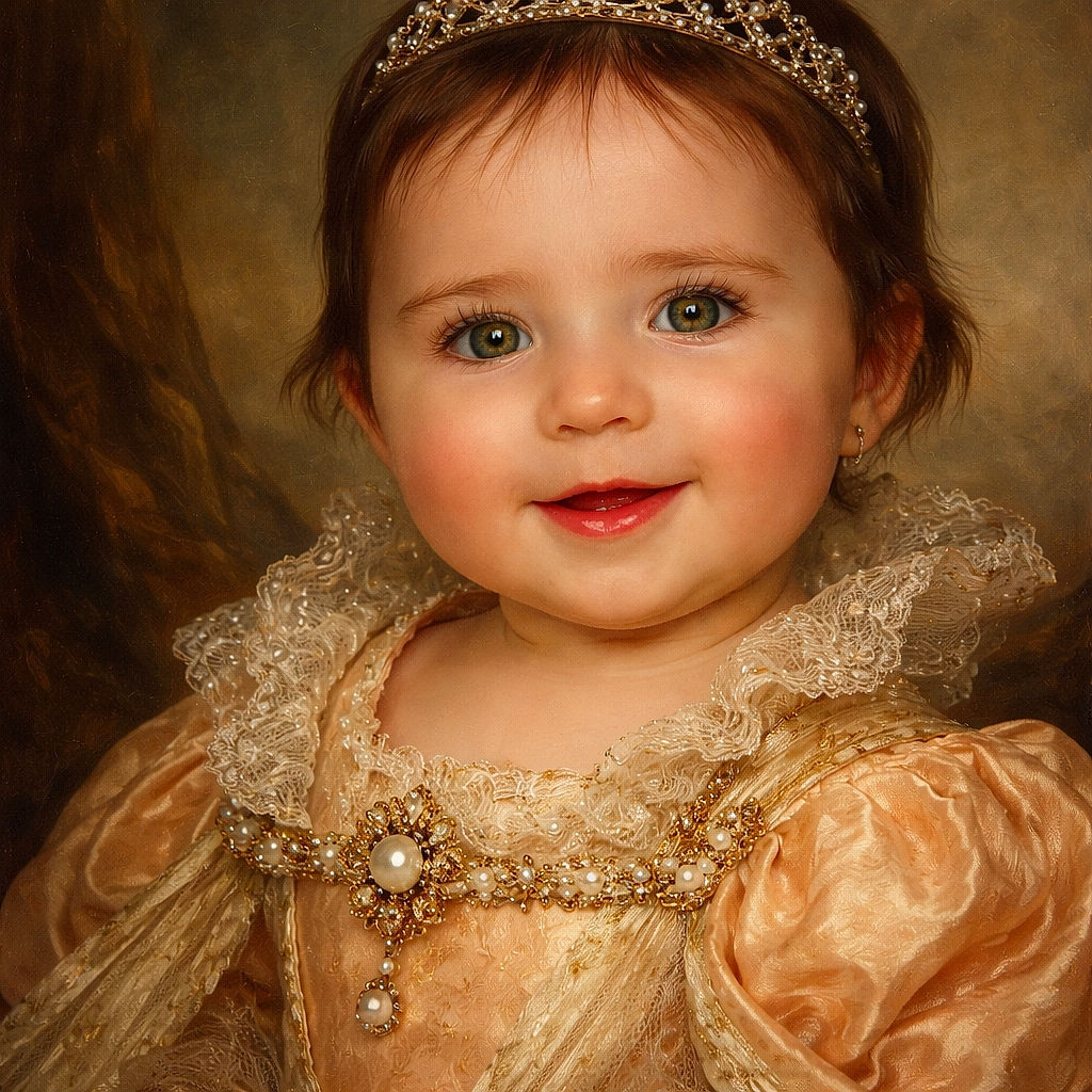 A close-up portrait of an adorable baby with sparkling eyes and a gentle smile, wearing a peach-colored outfit, looking directly at the camera with a soft background.