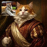A majestic fluffy orange and white cat lounges on a textured concrete surface, stretching out its paw with a regal, unimpressed expression. Behind it, a wooden fence adorned with colorful fish decorations and a lush green lawn create a cozy backyard vibe under a cloudy sky.