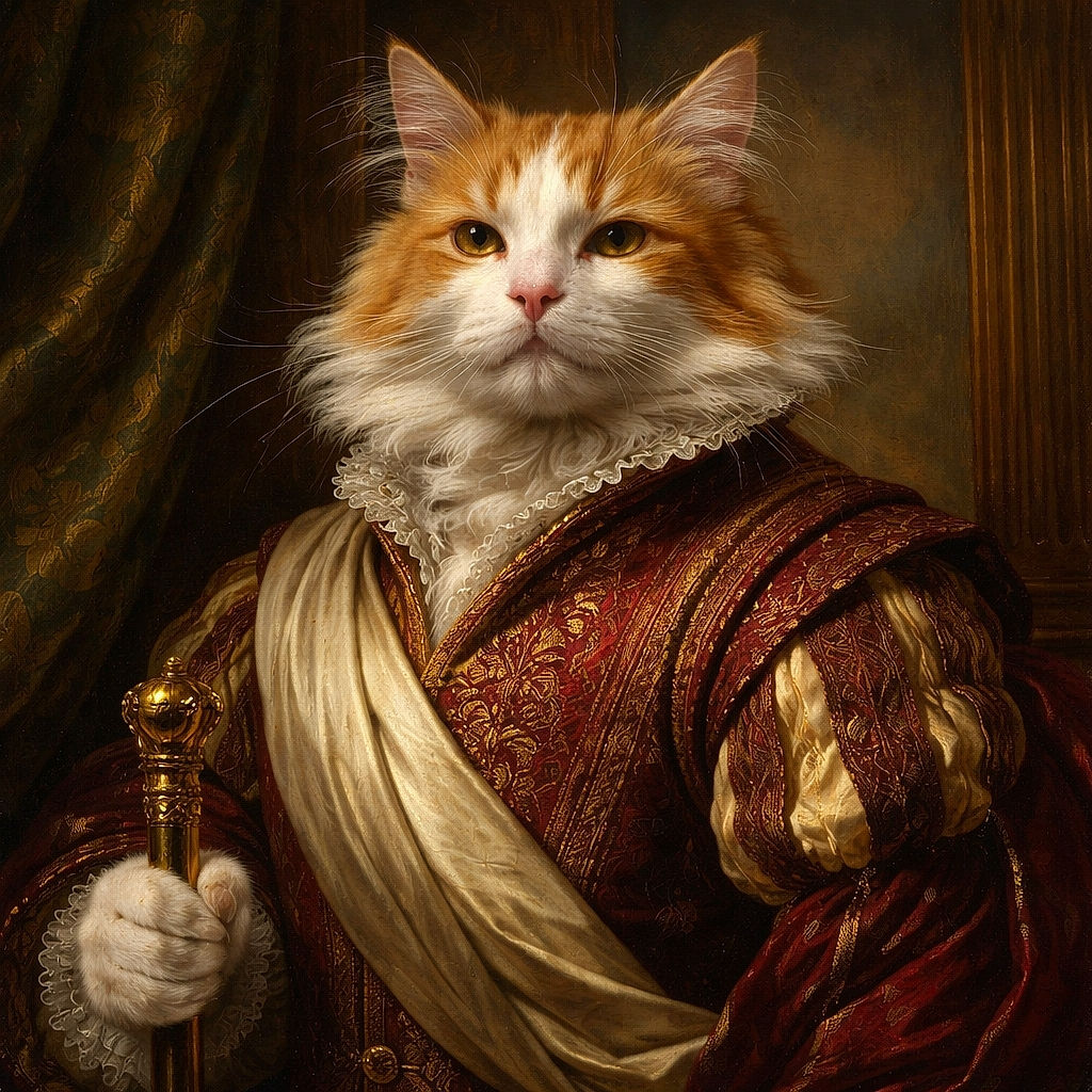 A majestic fluffy orange and white cat lounges on a textured concrete surface, stretching out its paw with a regal, unimpressed expression. Behind it, a wooden fence adorned with colorful fish decorations and a lush green lawn create a cozy backyard vibe under a cloudy sky.