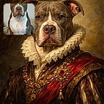 A serious-faced pit bull sits patiently on a beige blanket with a plain wall background, looking straight into the camera with soulful eyes and a calm demeanor.