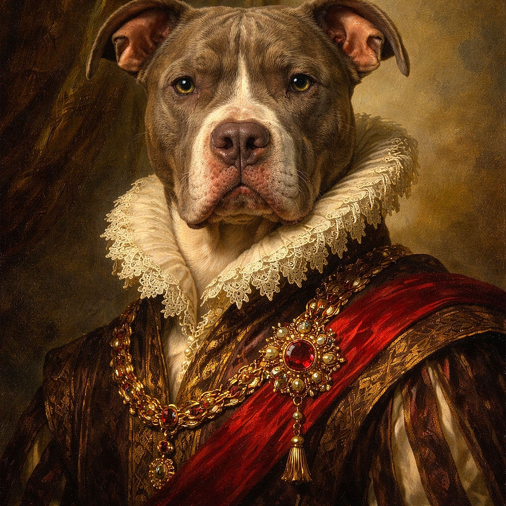 A serious-faced pit bull sits patiently on a beige blanket with a plain wall background, looking straight into the camera with soulful eyes and a calm demeanor.