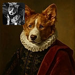 A slightly blurry black and white photo of a puppy wearing a harness, sitting on someone's lap with their hand gently resting on the puppy. The cozy setting and the person's rings add a touch of personality.